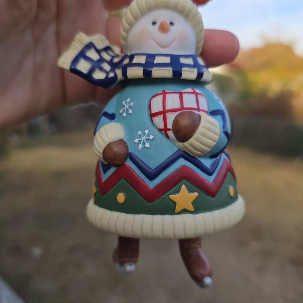 Snowman Bell Christmas Ornament Ceramic Hold Heart Ice Skate Country Vintage 5"